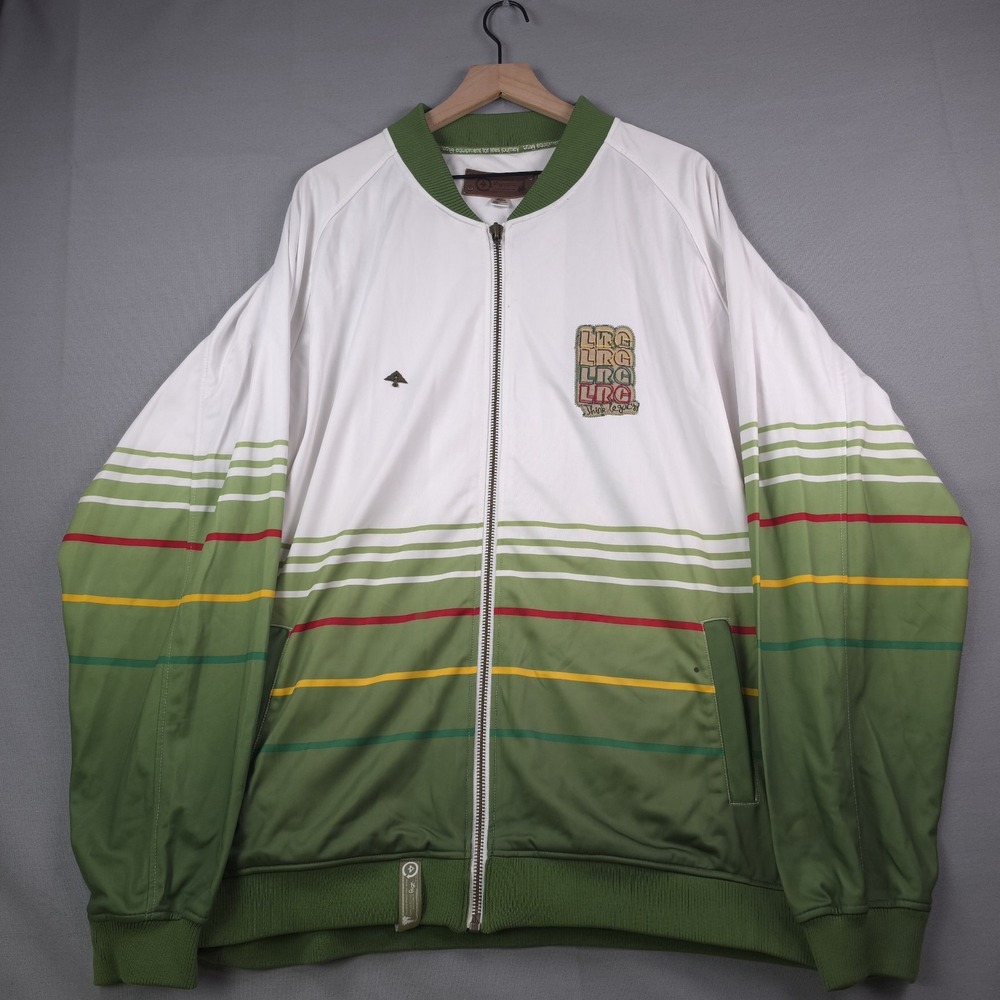 LRG Lifted Research Group Jacket Mens 4XL White Green Rasta Stripes Think Legacy